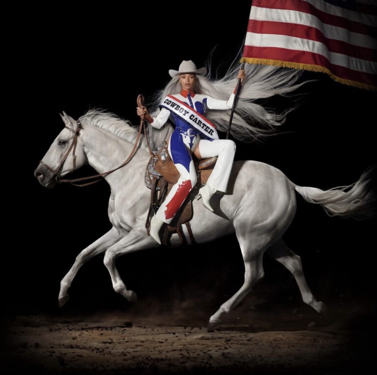 Beyonce Unveiled the Cover of her CowBoy Carter album in a Patriotic Latex Cowboy suit 1160x1156
