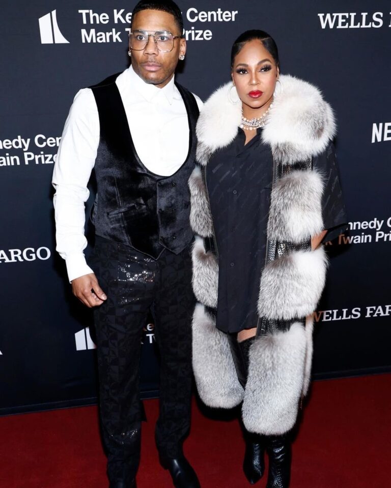 Fashion Bomb Couple Ashanti Attends the Mark Twain Prize Red Carpet with Nelly in a Black Balenciaga Dress and Daniels Leather Mink Coat 1