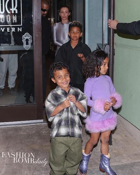 Fashion Bomb Couple Kanye West Stepped Out with his Children and Bianca Censori in a Metallic Silver YZY Catsuit for Easter Weekend 1