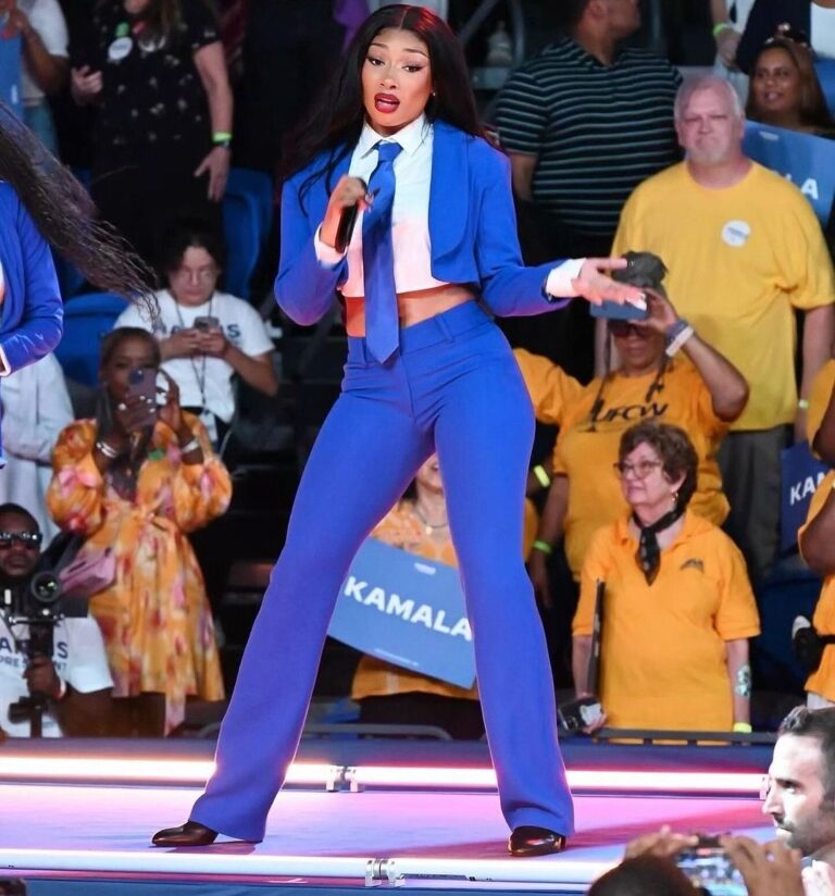 Megan Thee Stallion Performed at the Kamala Harris in a Custom Blue Abdul Sall Couture Suit and Tie 1