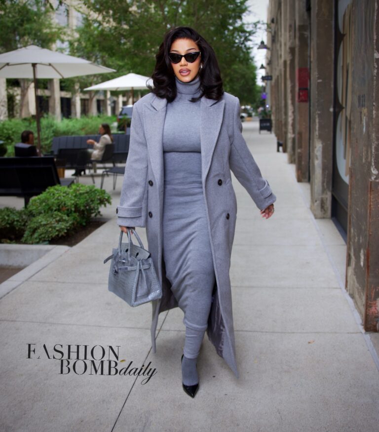 Cardi B Takes Meetings in a Helsa Studio Gray Wool Coat and Knit Turtleneck Dress