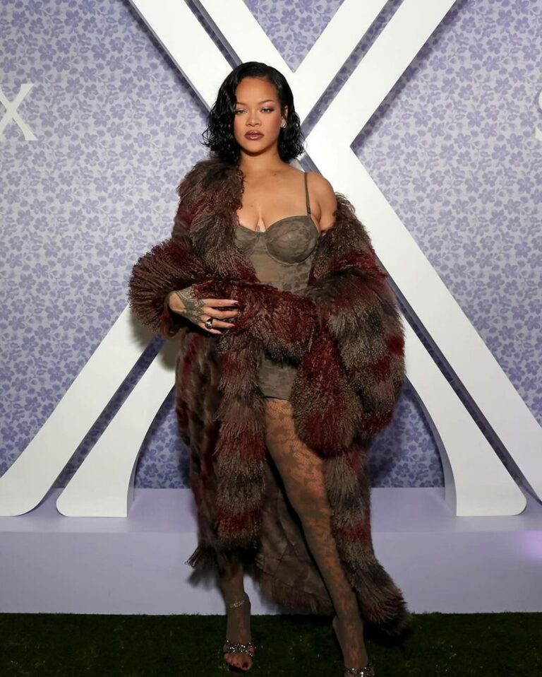 Rihanna Celebrated the Launch of SavageXFenty at Nordstrom in a Fendi Patch Work Mongolian Fur Coat with a 139 Savagexfenty Diesel Camo Lace Slip 1