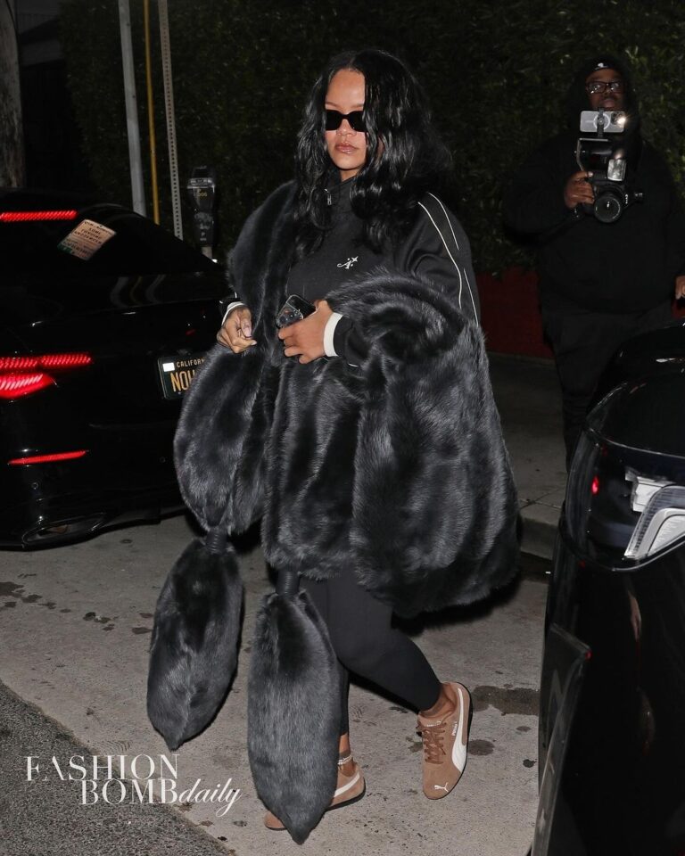 Rihanna Stepped Out to Dinner in LA in a Black Awake New York Track Suit with a Black Bottega Veneta Faux Fur Shawl and Brown Puma Sneakers