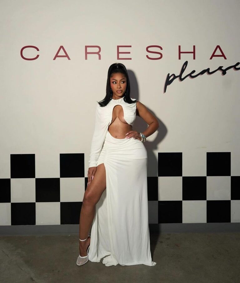 Yung Miami Wore a White Pre Fall 2024 Christopher Esber Chicane Dress with Alaia Shoes on her Caresha Please Show 9