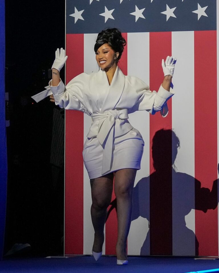 Cardi B Speaks at Kamala Harris Rally in Milwaukee Wearing a White Kristina Fidelskaya Suit and Christian Louboutin Pumps IMG 1264