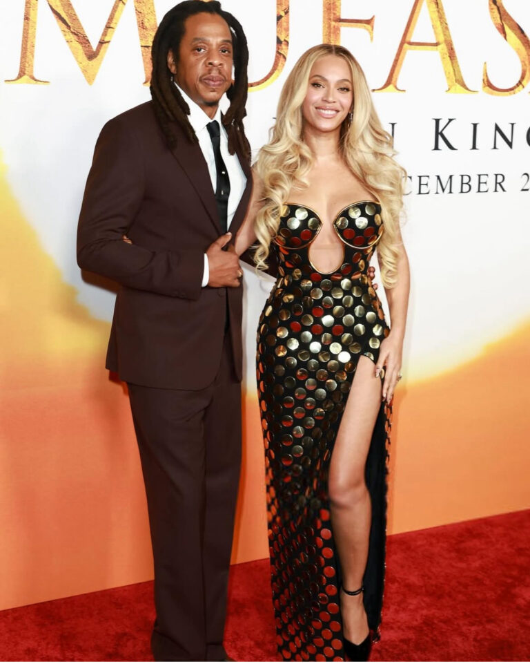 Beyonce Stuns in a Gold Studded Balmain x LionKing Dress Blue Ivy Exudes Glamour in a Gold Christian Siriano Gown and Jay Z Looks Dapper in Fendi at the Disney Mufasa Premiere