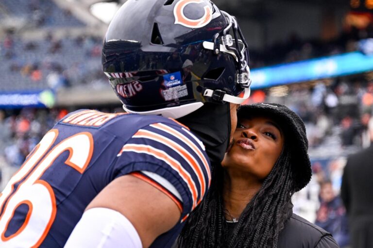 Jonathan Owens Gives Sweet Cheek Kiss to Simone Biles Ahead of Chicago Bears Home Game