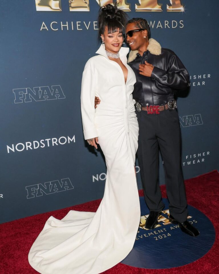 Rihanna and ASAP Rocky Attend the Footwear News Awards in a Custom White Alaia Gown a Black Leather Phoebe Philo Coat IMG 5716