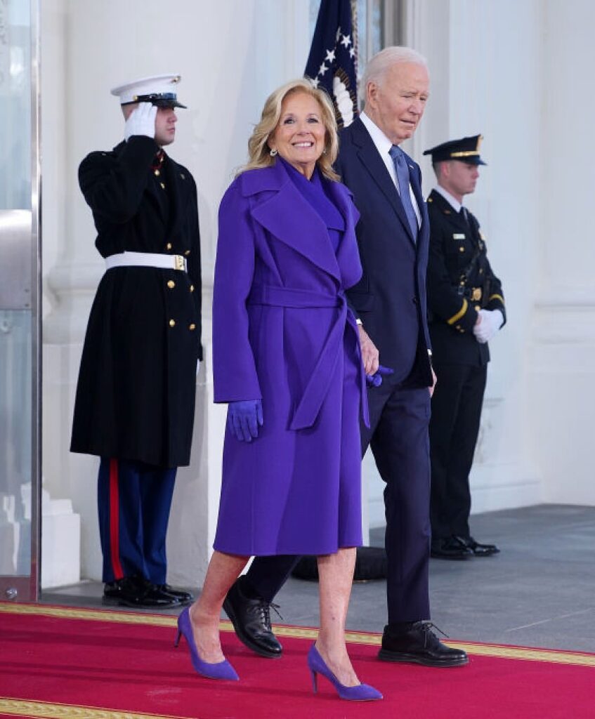 8989 Dr. Jill Biden Waves Goodbye the White House in Purple Ralph Lauren Coat