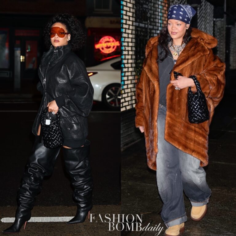 99 Rihanna Steps out In New York City in Bottega Venetas Black Kalimero Bucket Bag