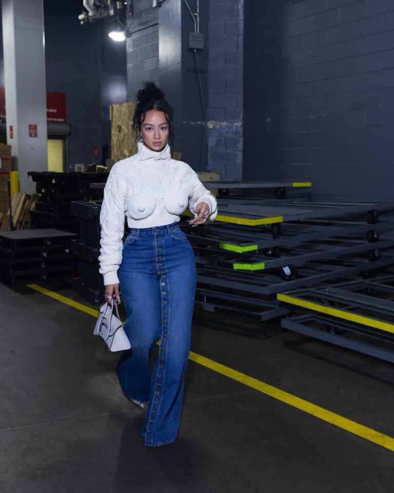 Most Requested Draya Micheles Basketball Game Jean Paul Gaultier Nude Sweater and Button Jeans